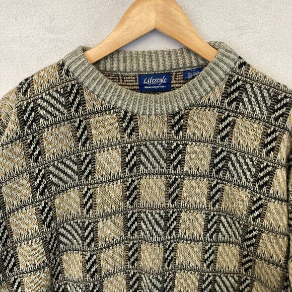 Vintage Lifestyle Munsingwear Knit Sweater Mens Large L Tan Plaid Grandpa Dad - Picture 3 of 15